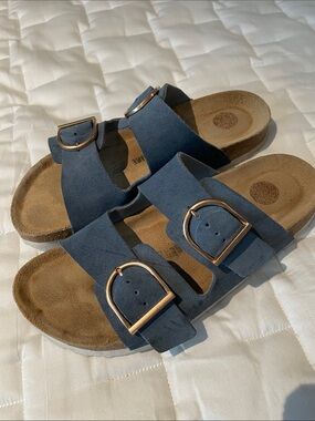 Navy Suede Double Buckle Slide Sandals